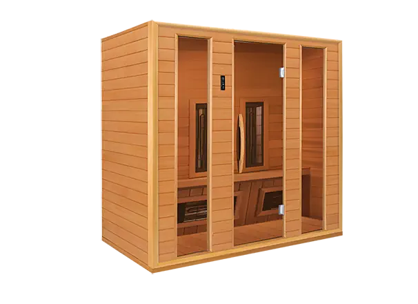 Infrarotkabine RG 210 aus Holz mit Glastüren und digitalem Bedienfeld.