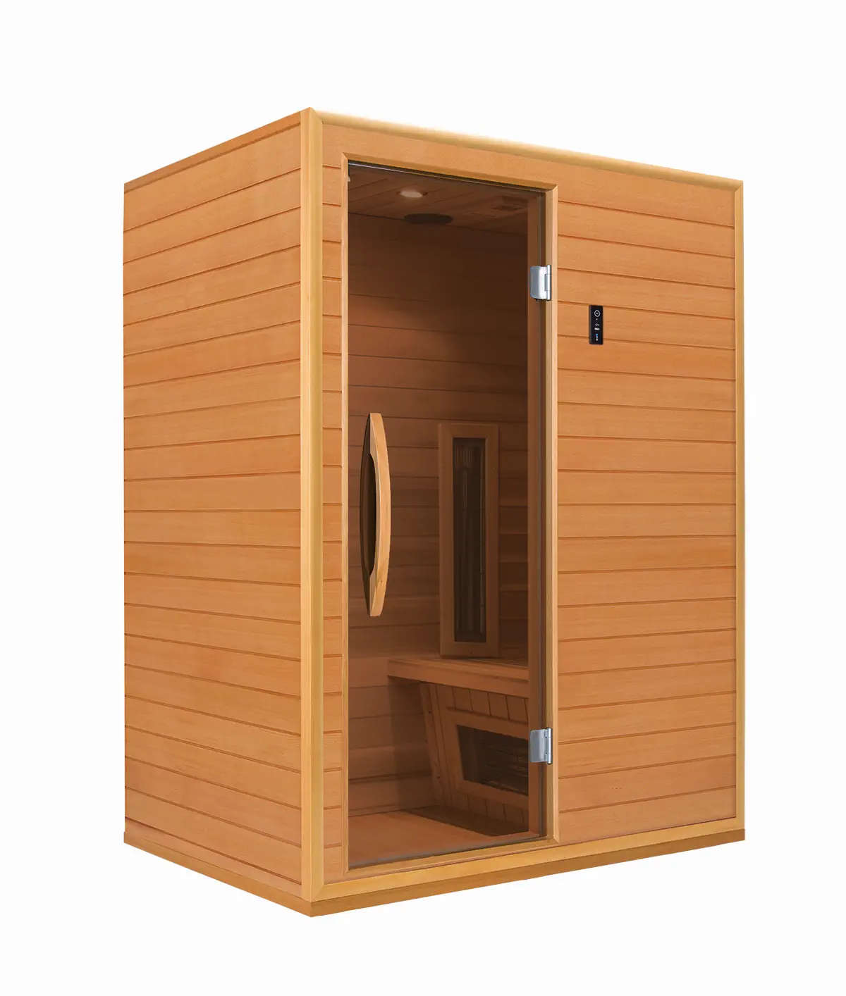 Infrarotkabine RG Single intense, Holzoptik, mit Glastür und Bedienelement.