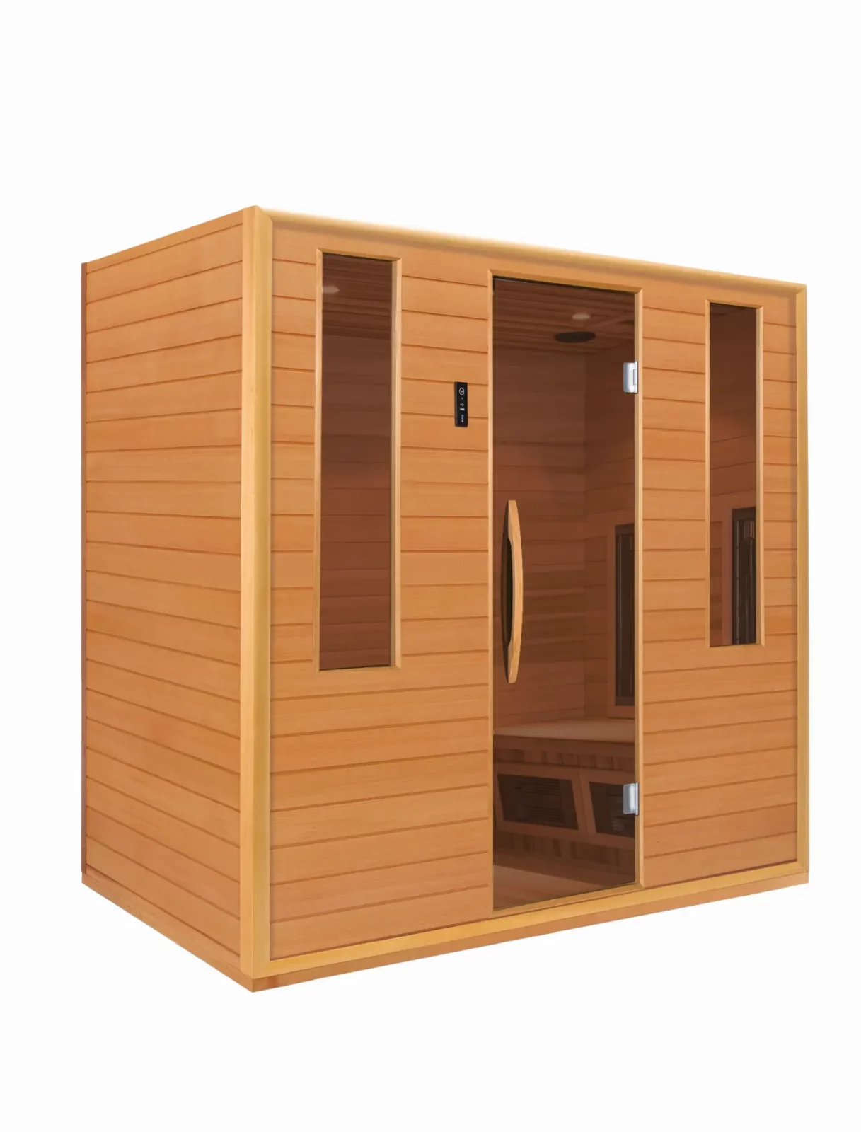 Infrarotkabine RG Suite aus Holz mit Glastür und Steuerpanel.