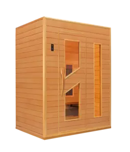Infrarotkabine RH 150 aus Holz mit Glastüren und digitalem Bedienfeld.