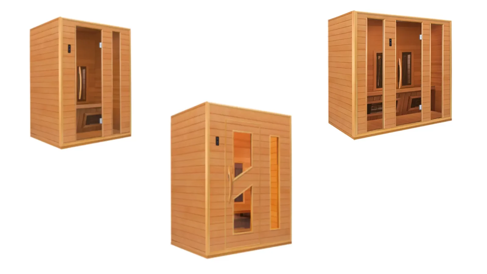 Infrarotkabine aus Holz mit Glastür und digitalem Bedienfeld.