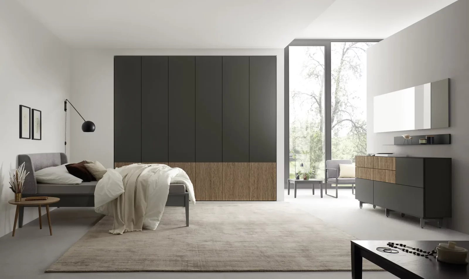 Großer, dunkler Kleiderschrank mit Holzdetails, modernes Design, Modell Maria 040.