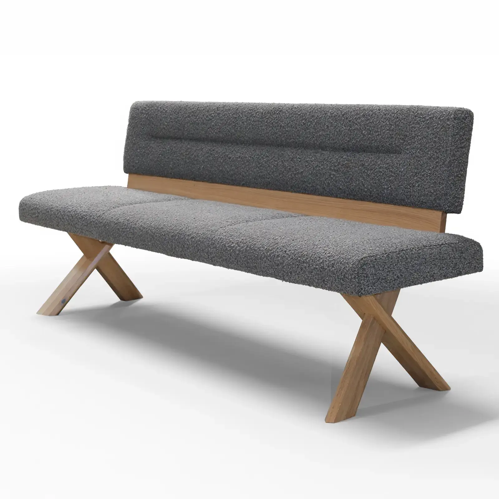 Sitzbank Miro A mit grauem Stoffbezug und Holzgestell.