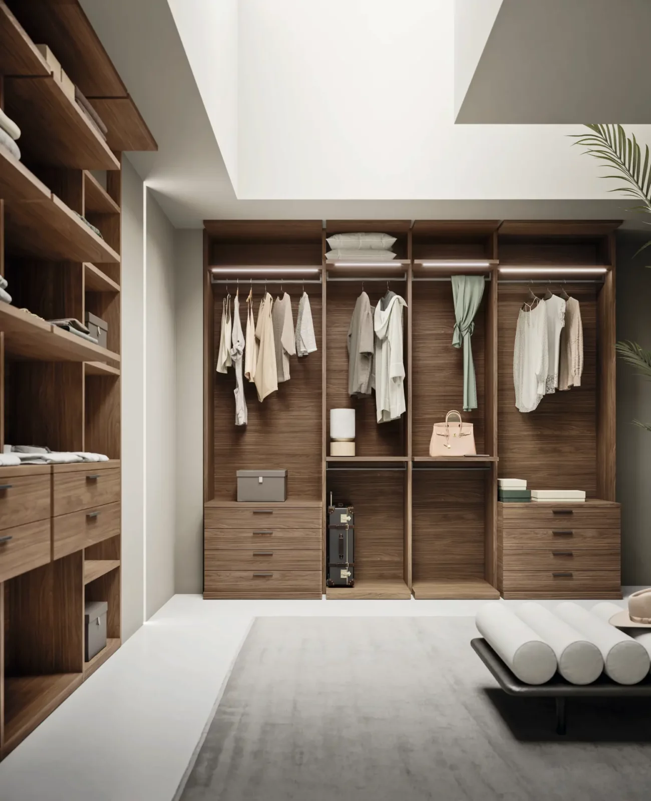 Muro Bello Atlantico Kleiderschrank aus Holz mit Schubladen und offenen Fächern.