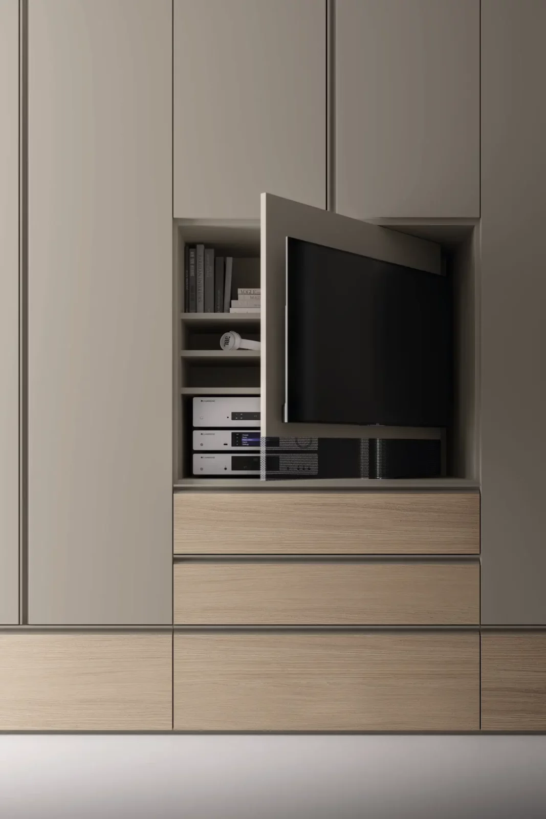 Muro Bello Atlantico Schrank mit integriertem TV-Fach, Holzoptik, beige.