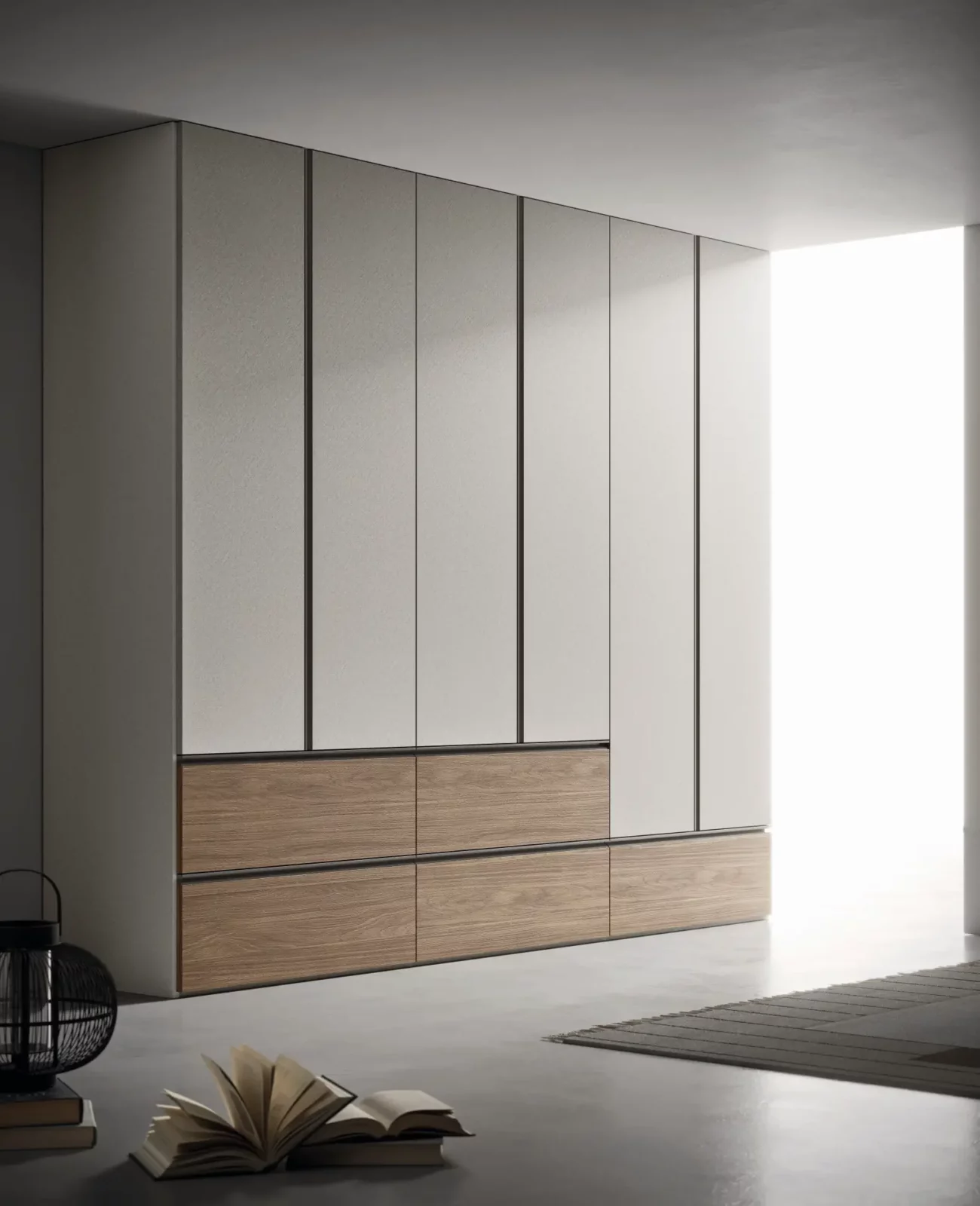 Muro Bello Atlantico Kleiderschrank, weiß und Holzoptik, mit Schubladen.