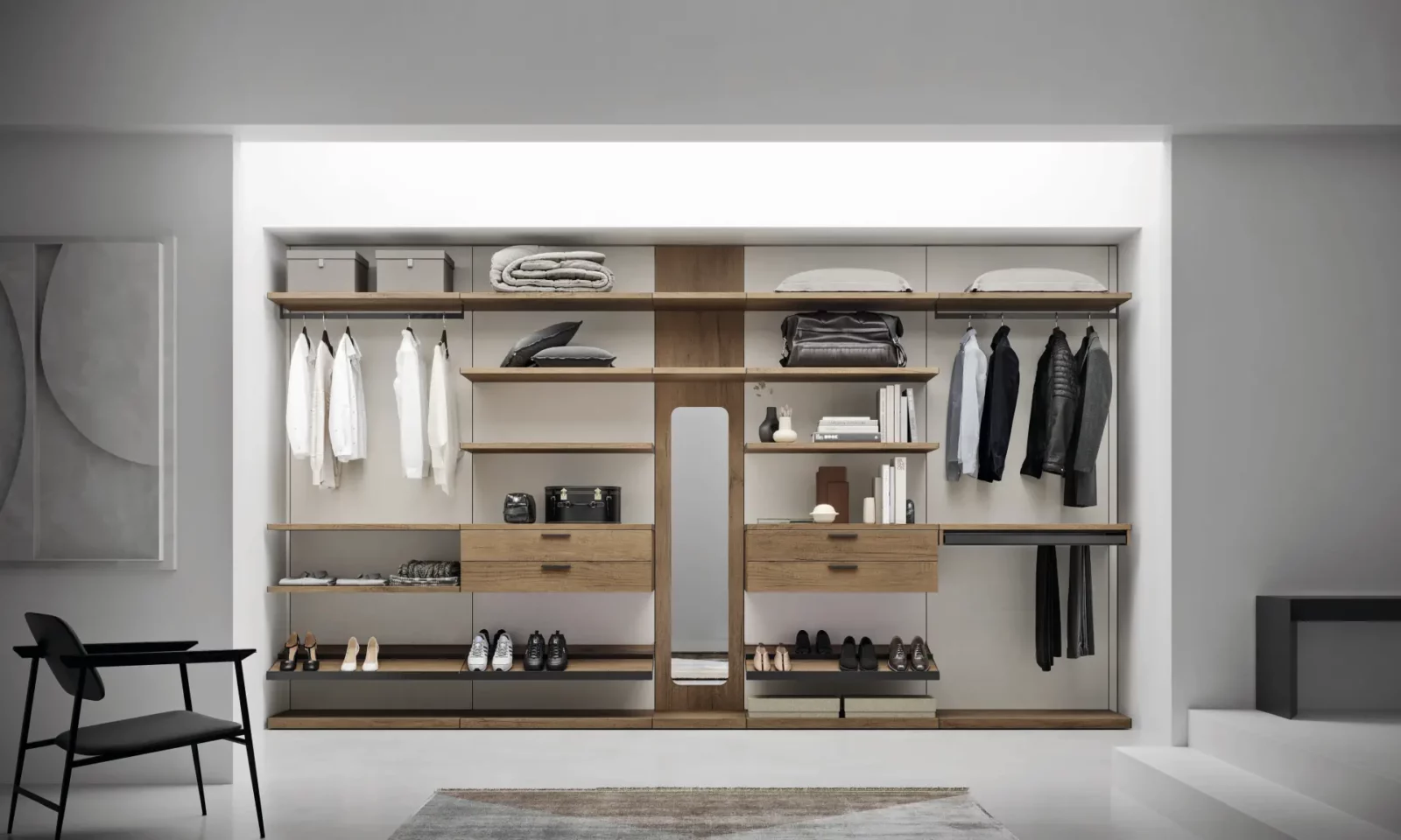Muro Bello Atlantico Kleiderschrank in Holzoptik mit offenen Regalen und Schubladen.