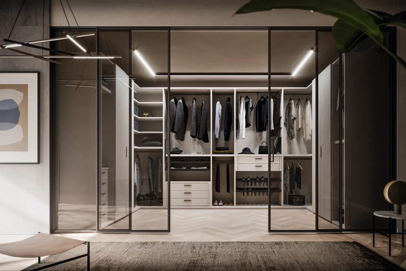 Muro Bello Atlantico begehbarer Kleiderschrank mit Glasfronten und Holzregalen.