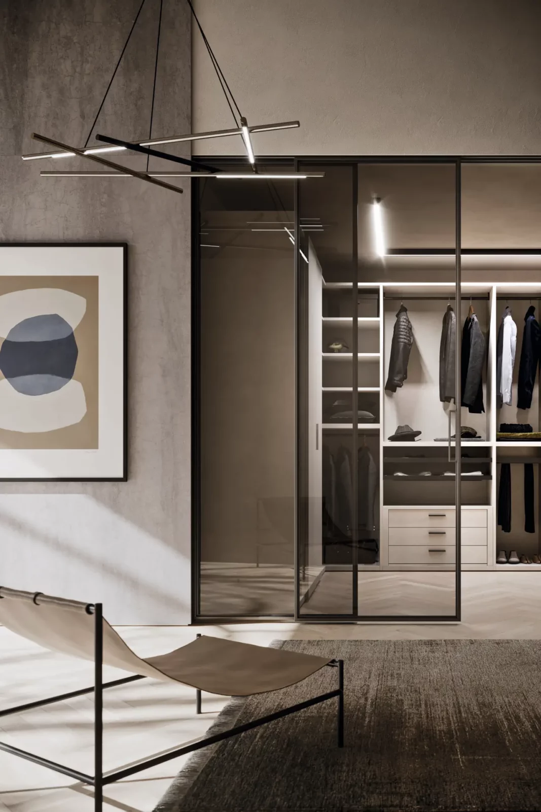 Muro Bello Atlantico Kleiderschrank mit Glasfronten und integriertem Beleuchtungssystem.