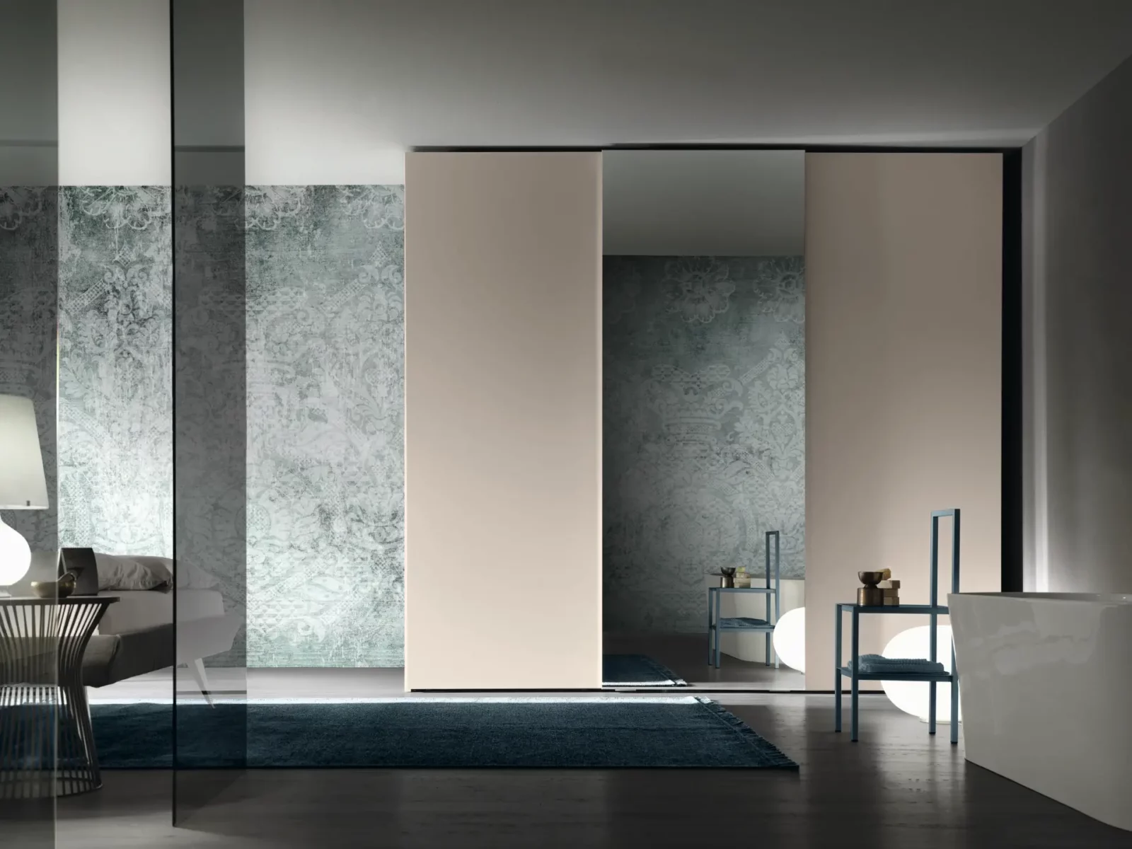 Muro Bello Atlantico Schiebetürenschrank in Beige mit Spiegelpaneel.