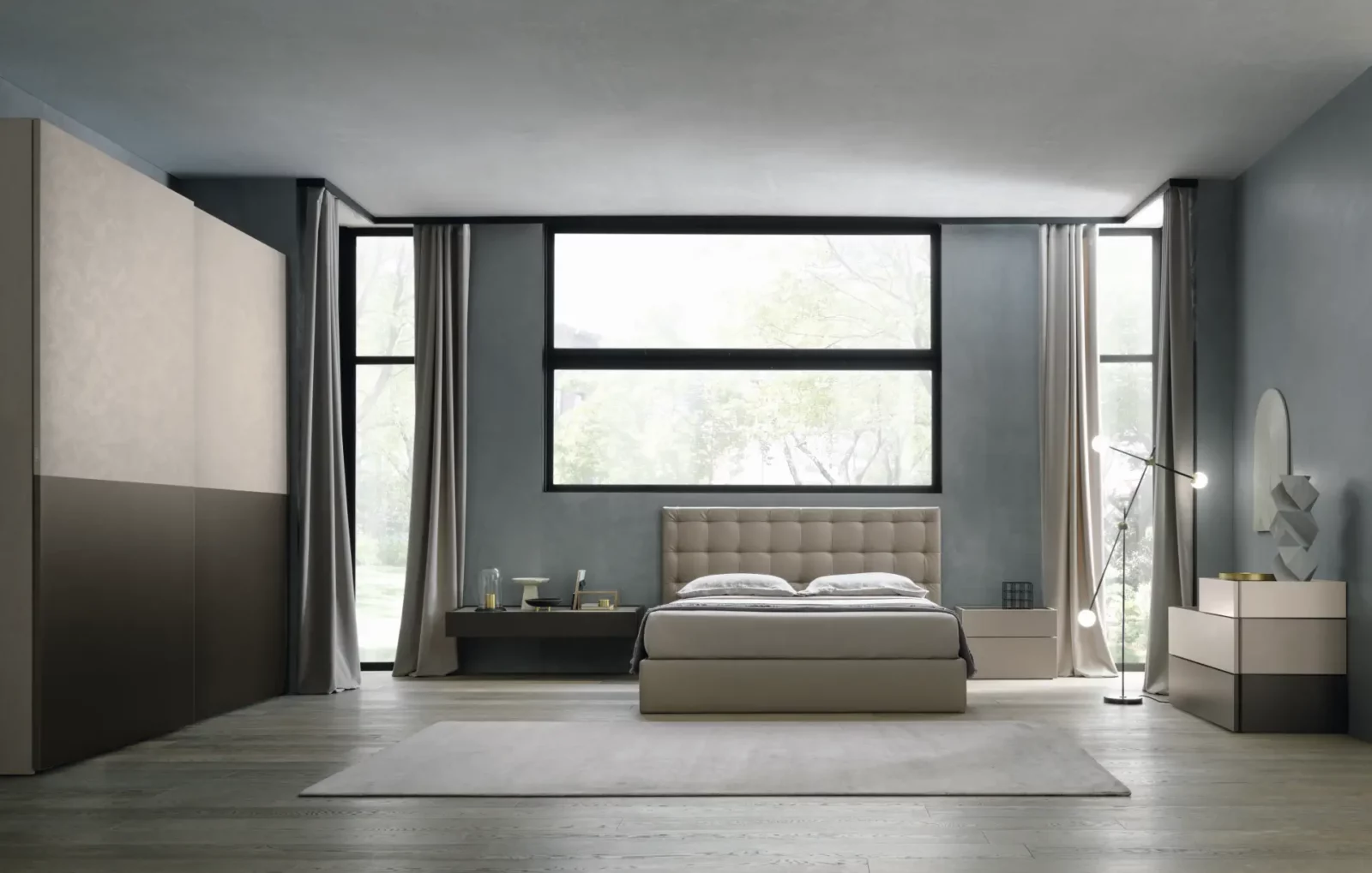 Muro Bello Atlantico Bett mit gepolstertem Kopfteil in Beige.