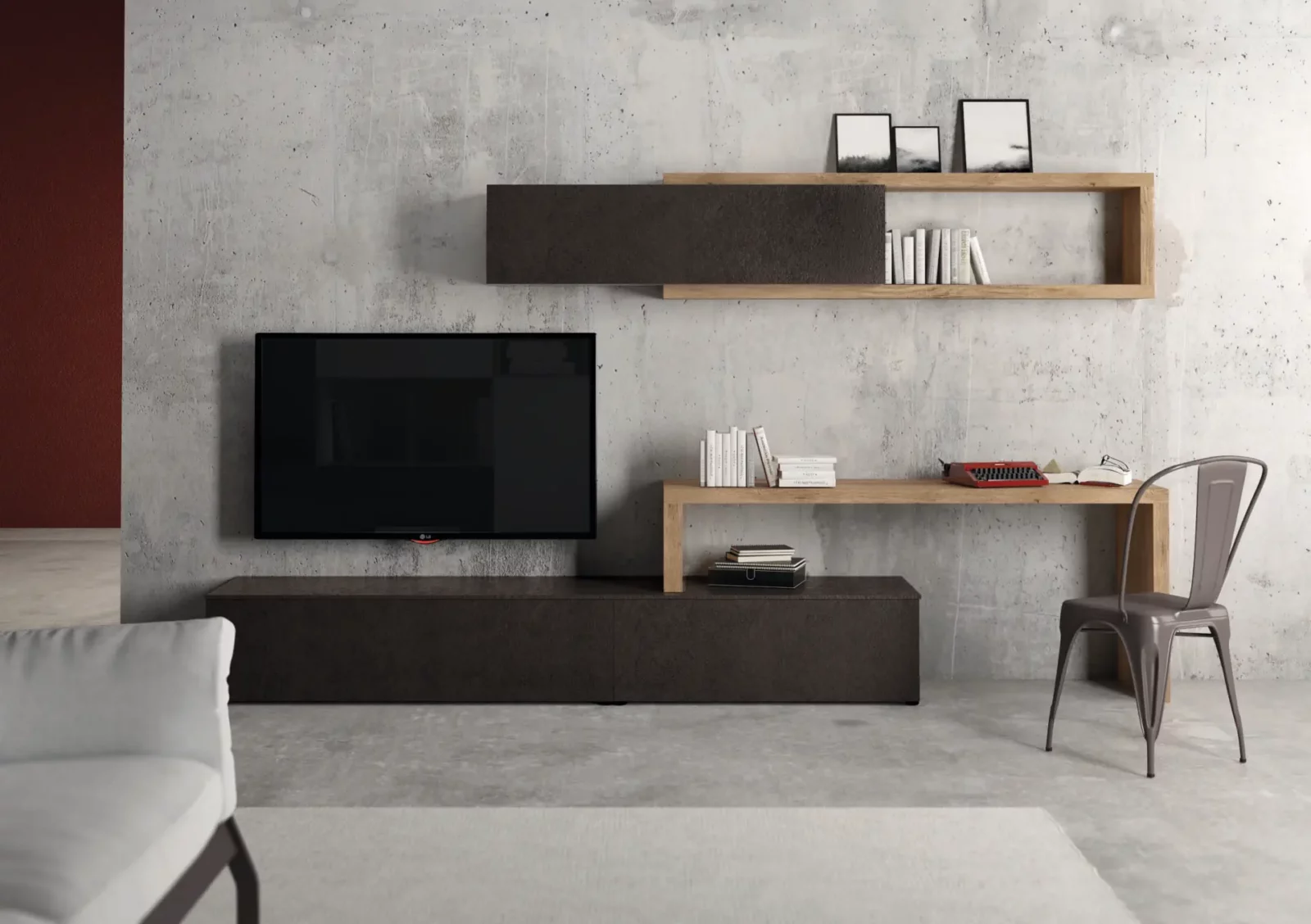 Muro Bello Atlantico Wohnwand, dunkles Holz, minimalistisches Design, offene Regale.