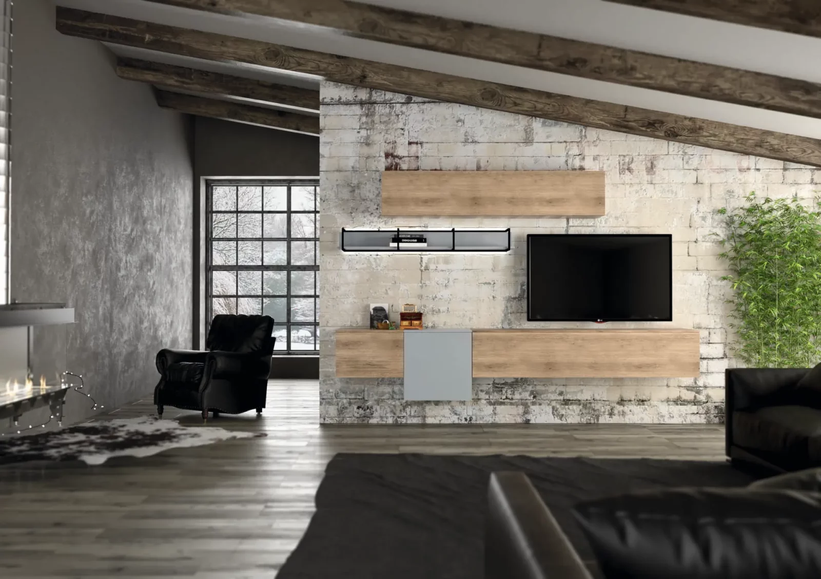 Muro Bello Atlantico Wohnwand in Holzoptik mit integriertem TV-Modul.