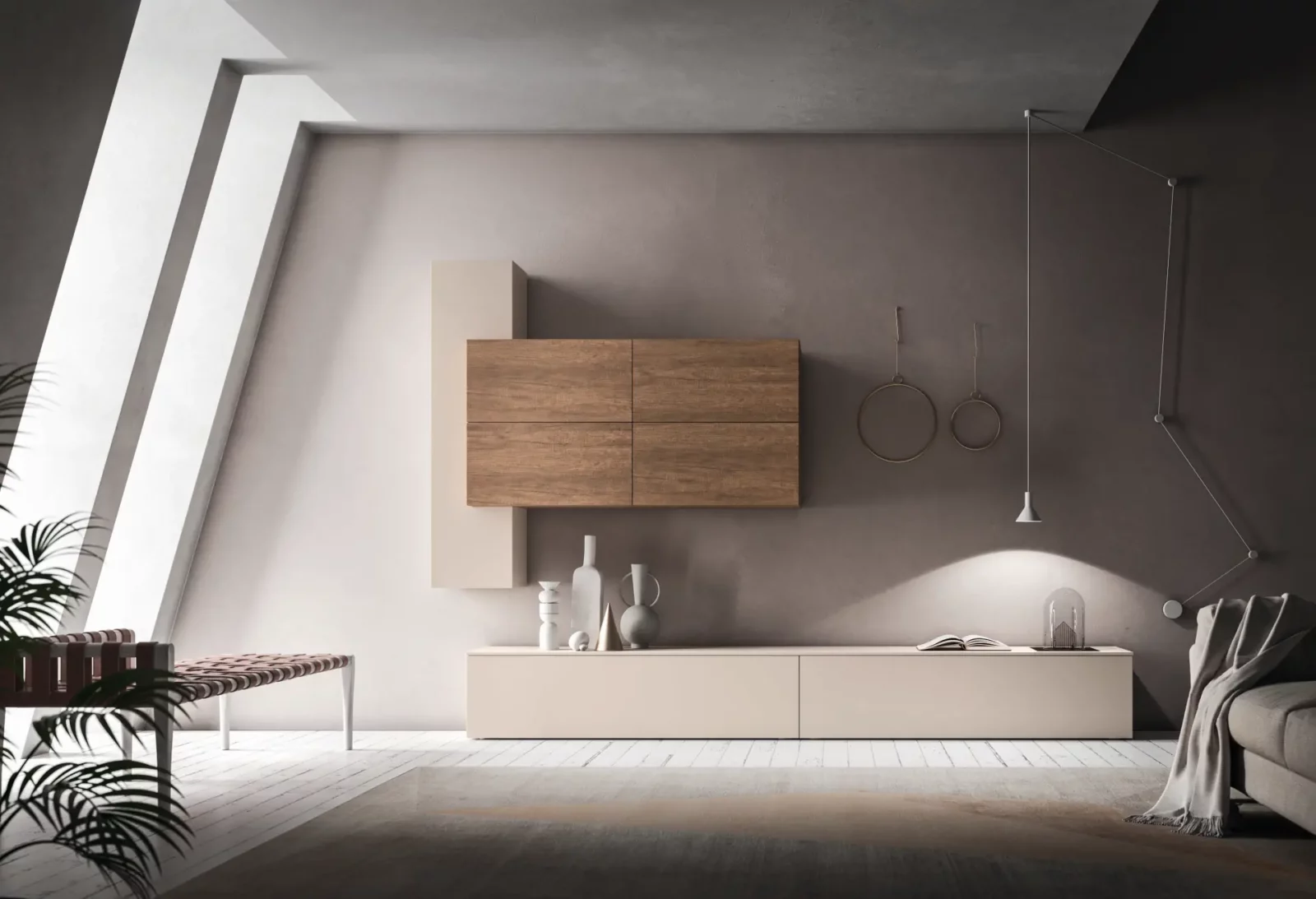 Muro Bello Atlantico Wohnwand in Holzoptik und Creme, minimalistisches Design.