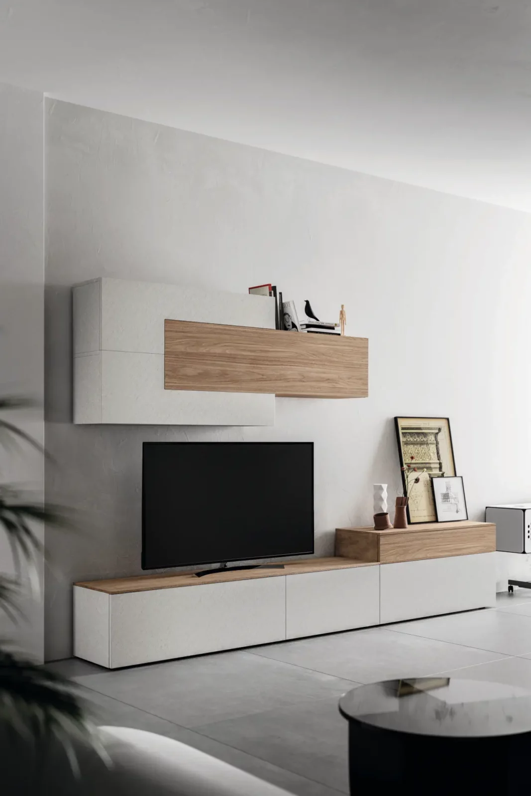 Wohnwand Muro Bello Atlantico in Weiß und Holzoptik mit TV-Bereich.
