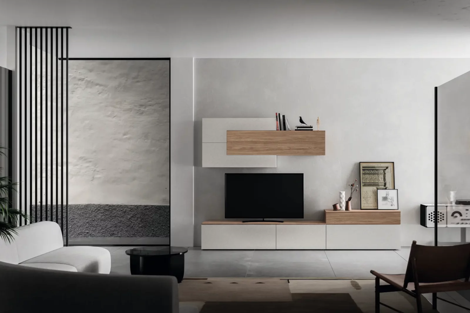 Muro Bello Atlantico Wohnwand in Holzoptik und Weiß mit integriertem TV.