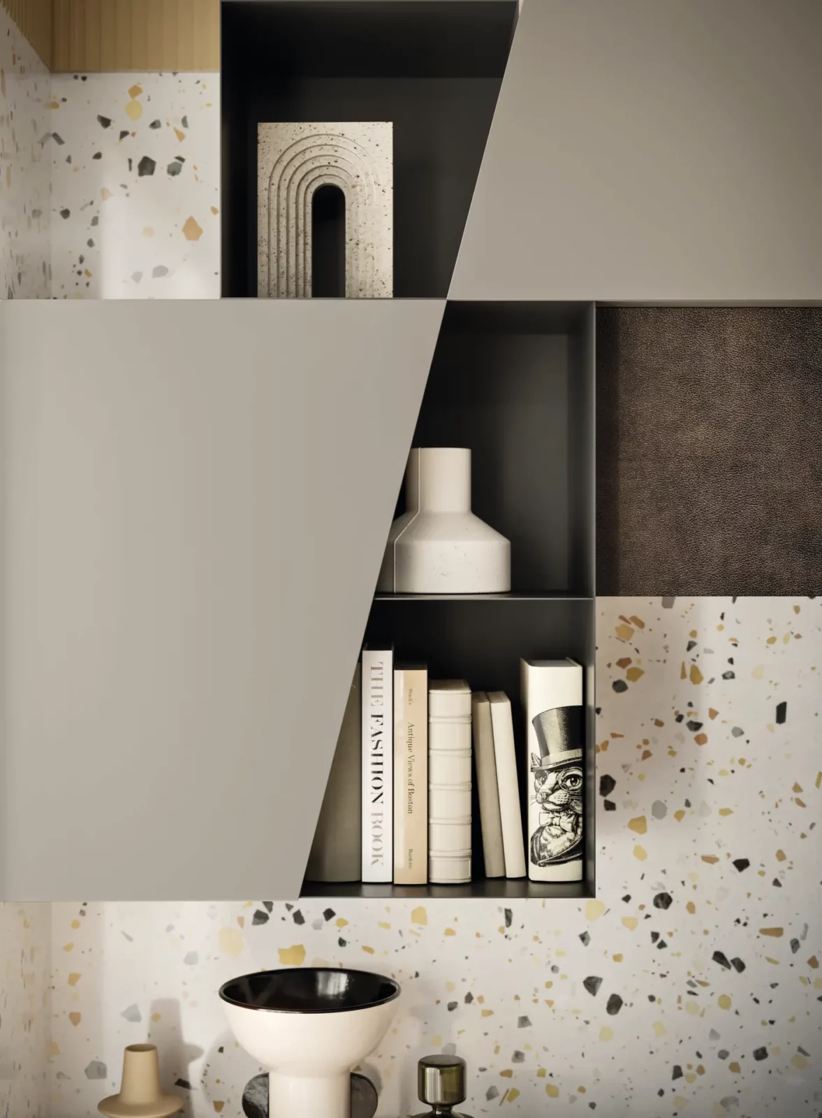 Muro Bello Atlantico Regal mit asymmetrischem Design in Grau und Terrazzo-Optik.