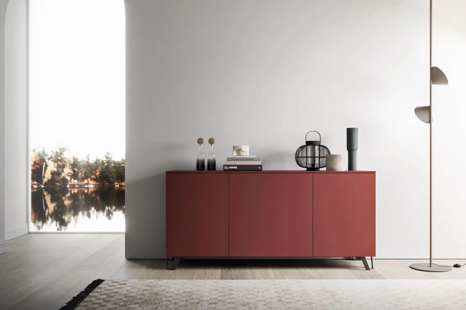 Sideboard Muro Bello Atlantico in Rot mit glatter Oberfläche und Metallfüßen.