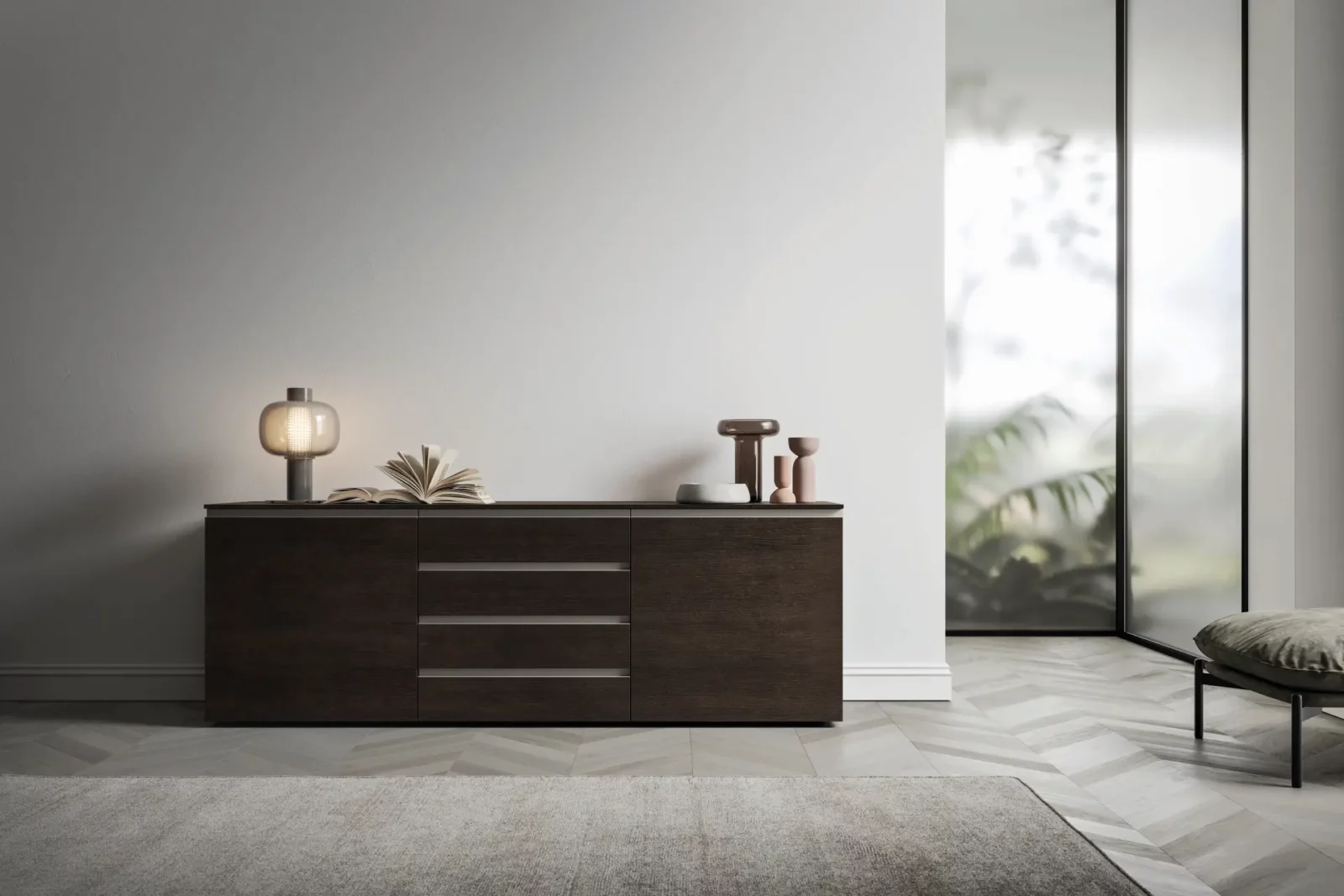 Sideboard Muro Bello Atlantico in dunklem Holz mit klaren Linien und Schubladen.