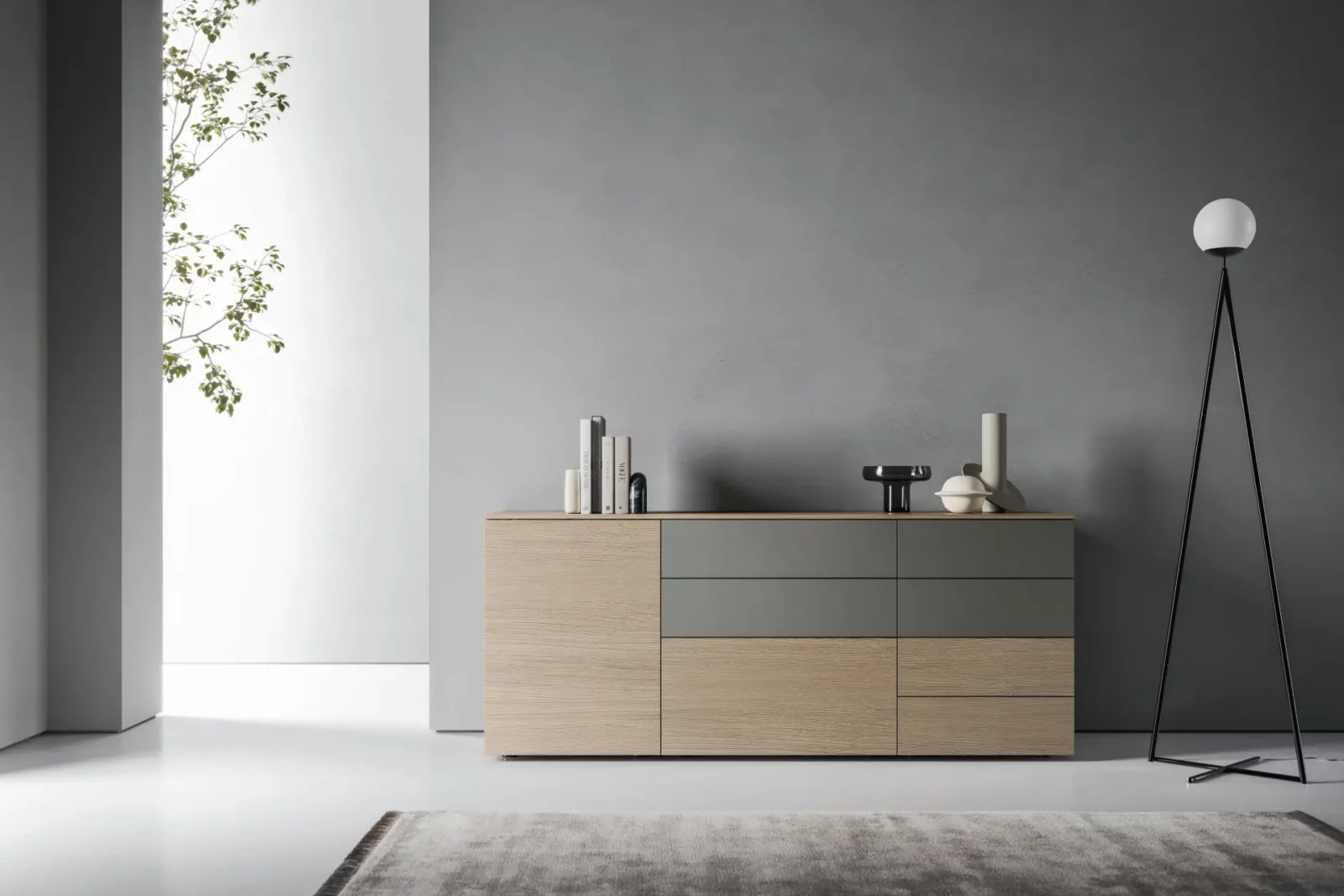 Sideboard Muro Bello Atlantico in Holzoptik mit grauen Schubladen.