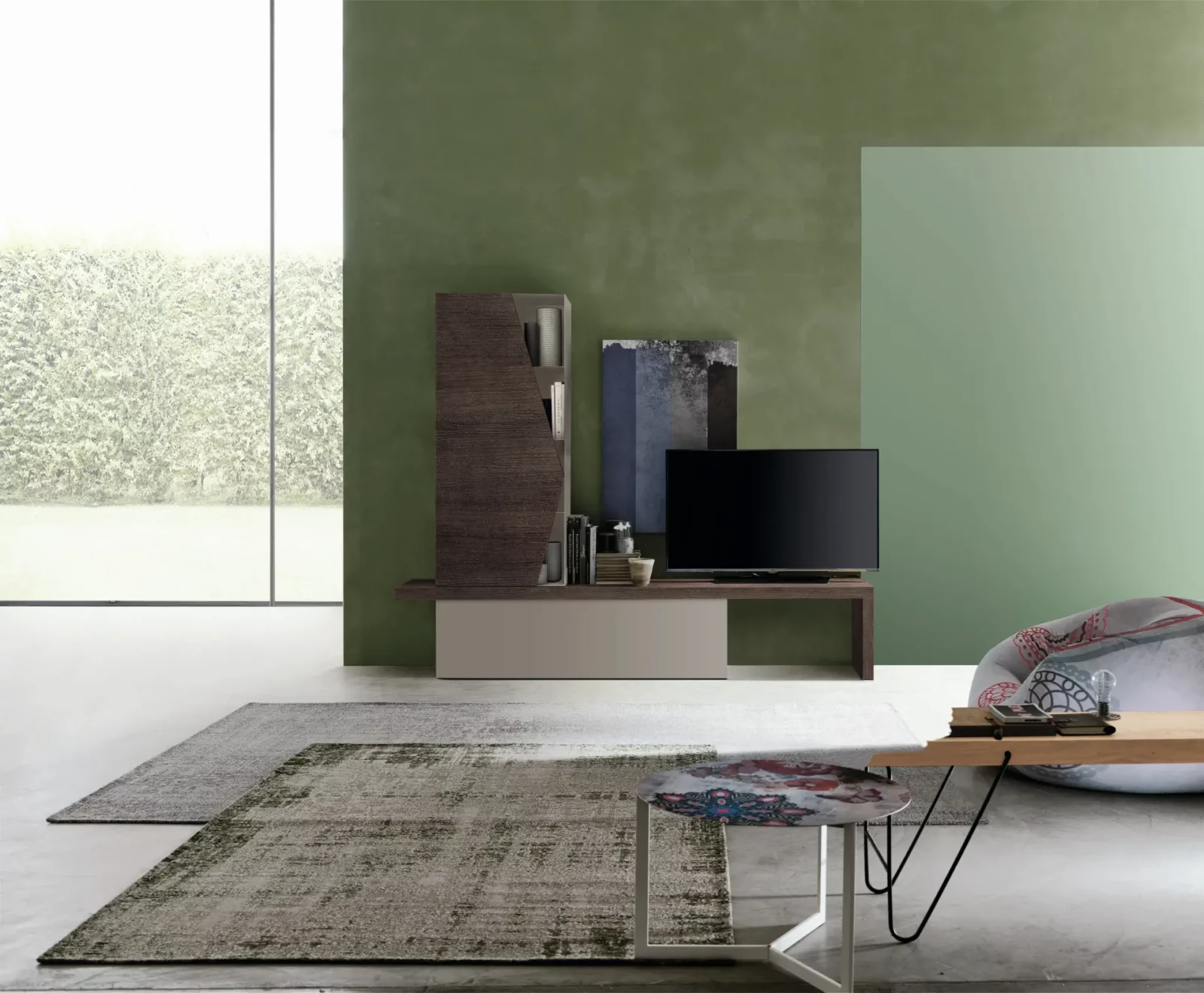 Wohnwand Muro Bello Atlantico in dunklem Holz mit integriertem Regal.