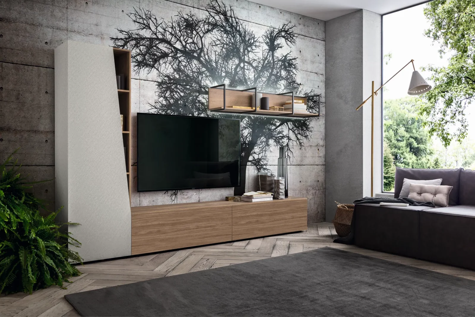 Muro Bello Atlantico Wohnwand in Holzoptik mit integriertem TV und Regalen.