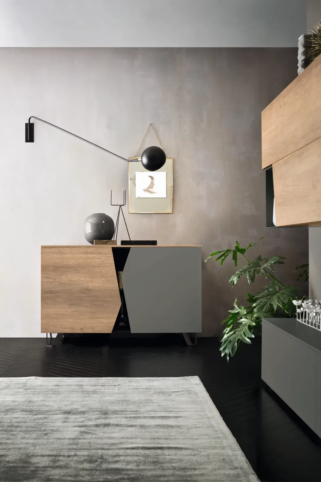 Sideboard Muro Bello Atlantico, Holz und Grau, geometrisches Design.
