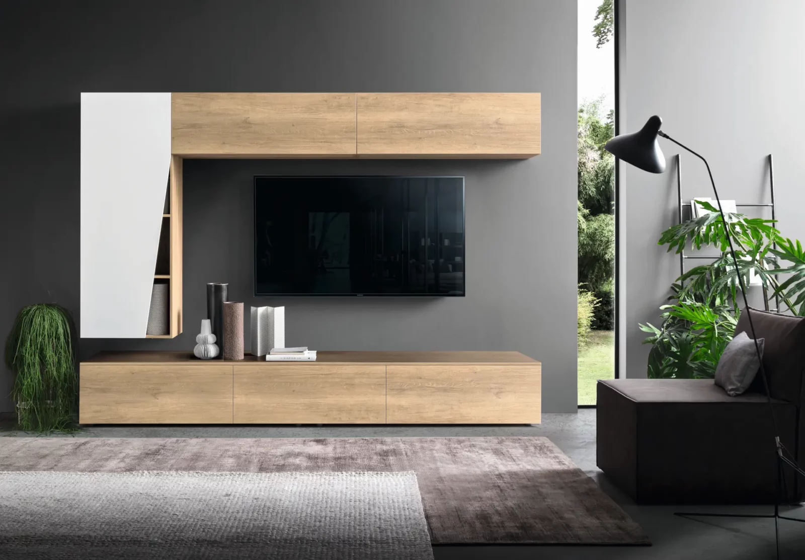 Muro Bello Atlantico Wohnwand in Holzoptik mit weißem Akzent.