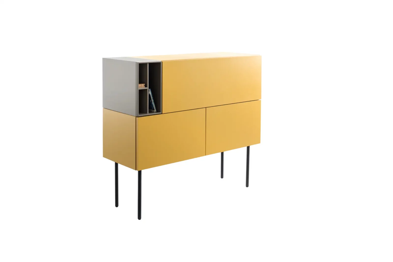 Sideboard Nubo 025, gelb und grau, mit schwarzen Beinen, modernes Design.
