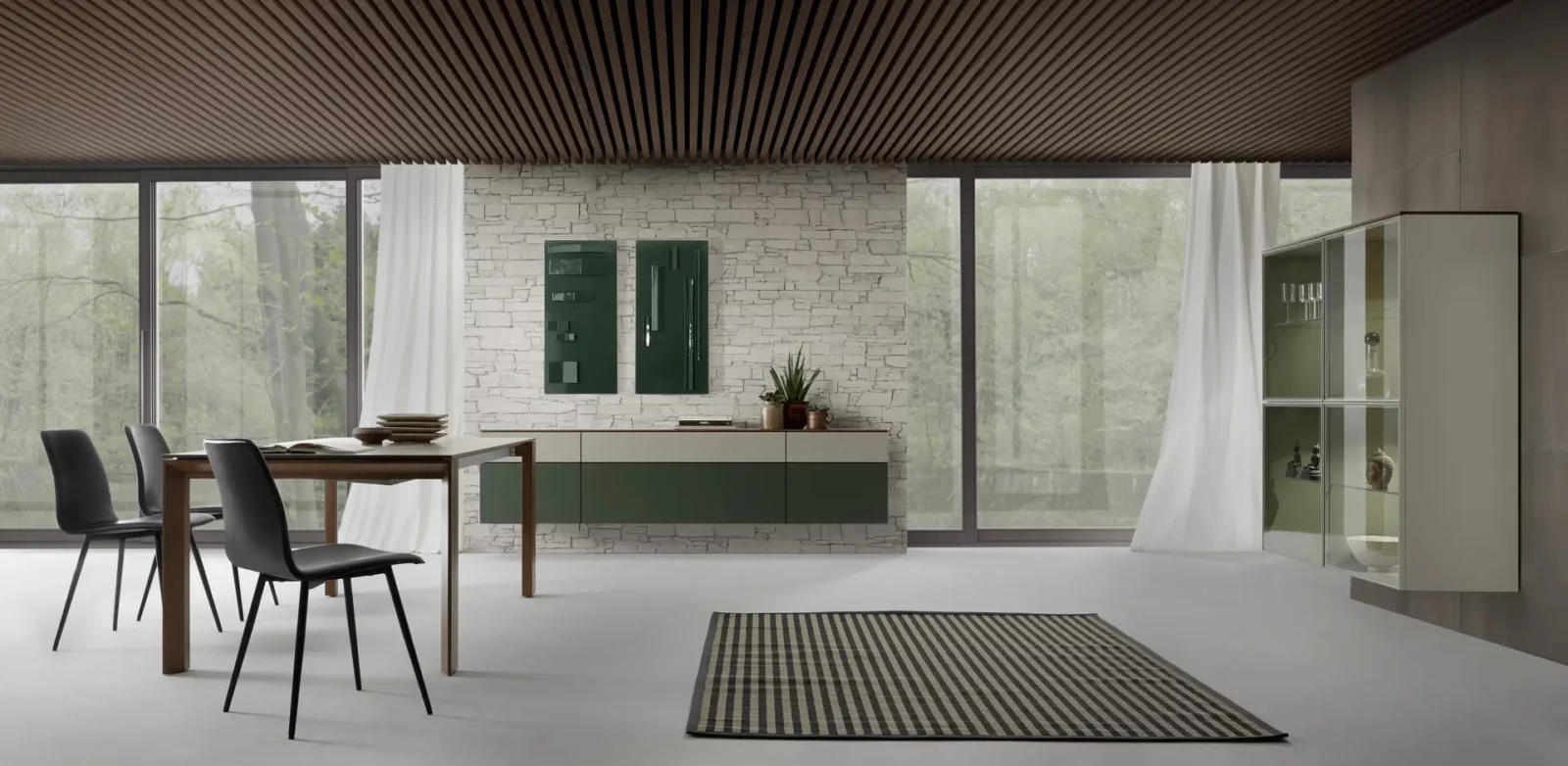 Sideboard Nubo 033, grün-weiß, mit hängendem Design und klaren Linien.