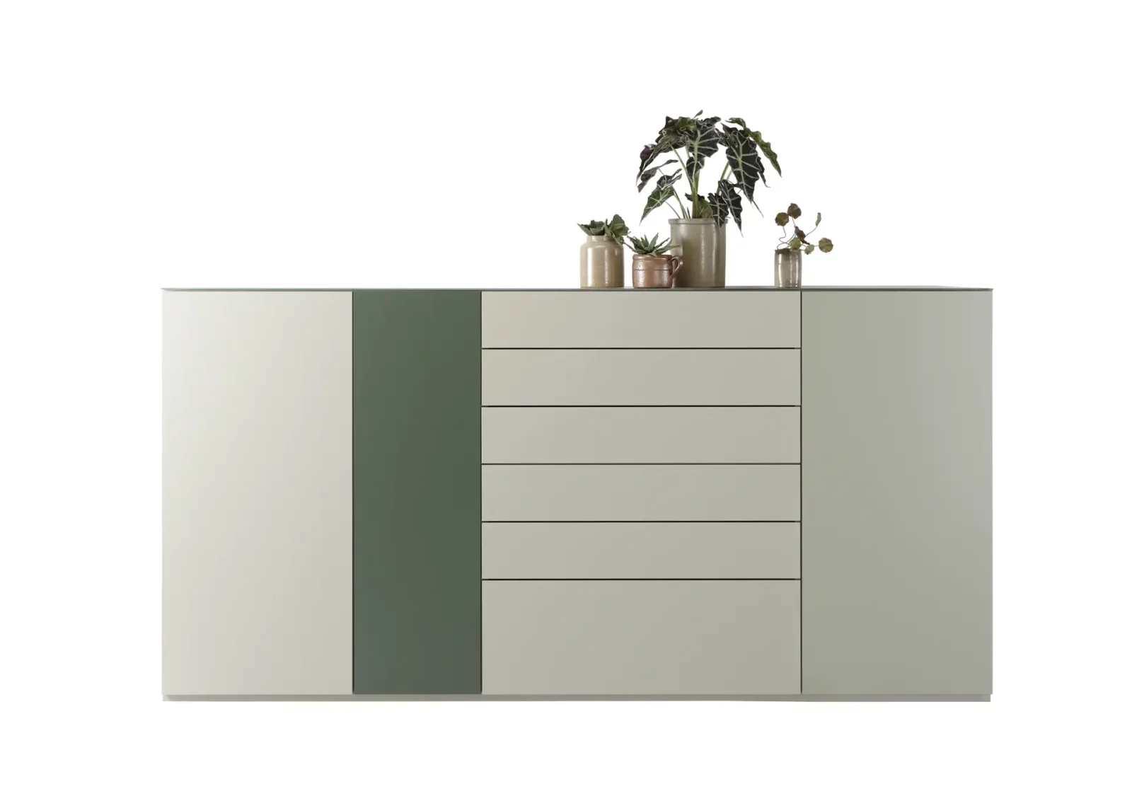 Sideboard Nubo 035, cremefarben mit grüner Akzenttür, schlichtes Design.