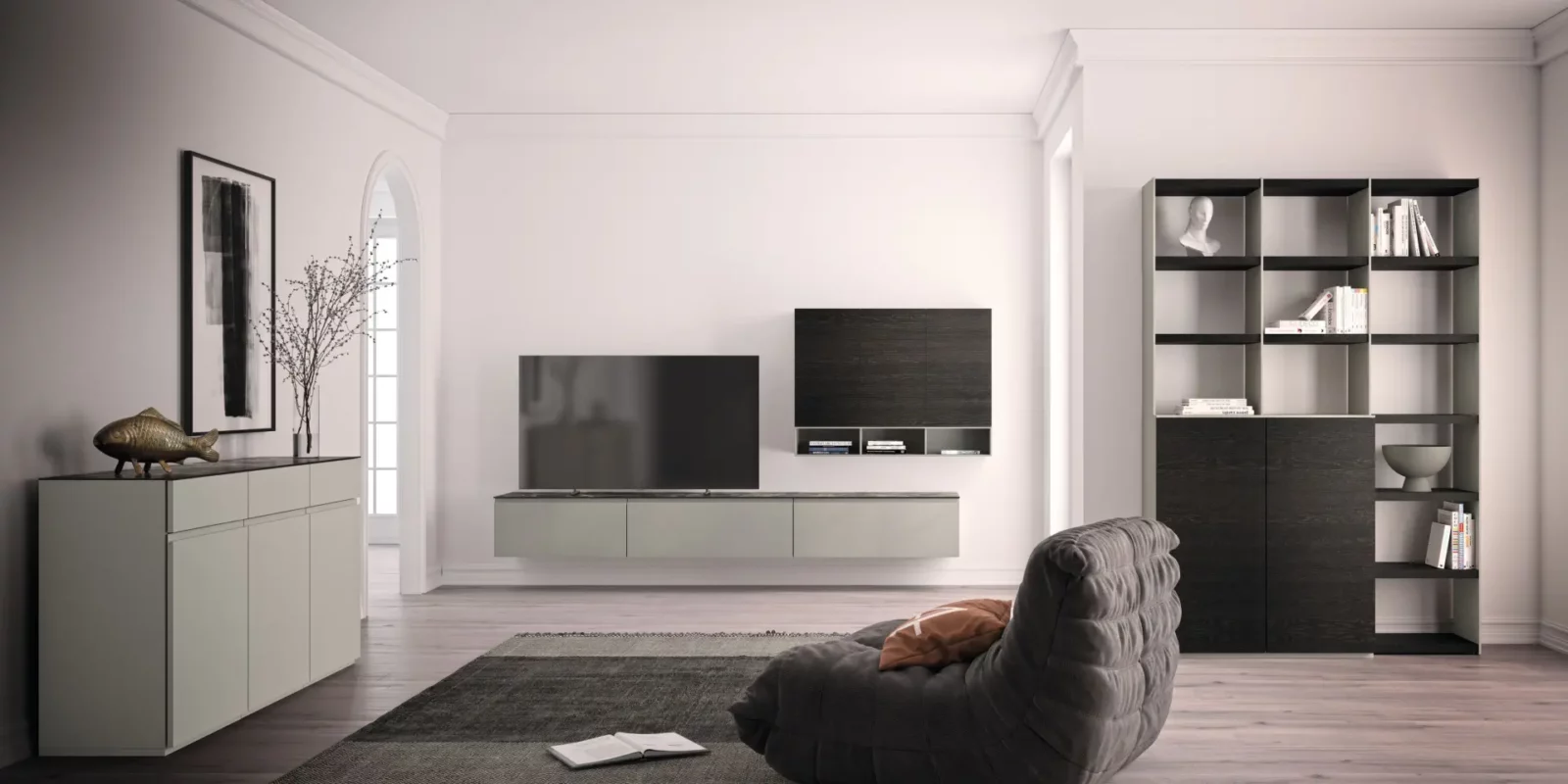 Nubo 087 Wohnwand in Grau und Schwarz mit schwebendem TV-Element.