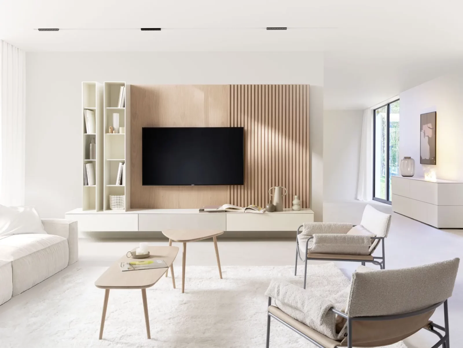Nubo 151 Wohnwand mit Holzpaneel und integriertem TV, helle Ausführung.
