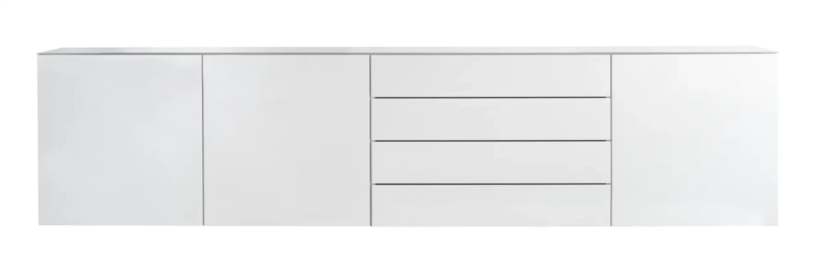 Sideboard Nubo 224 in weißem Hochglanz mit Schubladen und Türen.