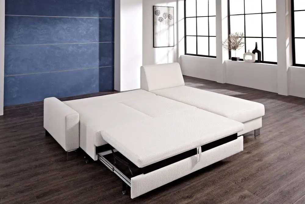 Schlafsofa Flexi in Weiß, aus Stoff, mit ausziehbarer Liegefläche.