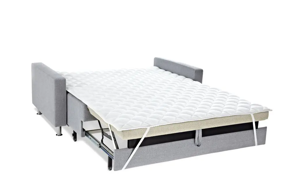 Schlafsofa Flexi in Grau mit ausziehbarer Liegefläche und weißem Bezug.