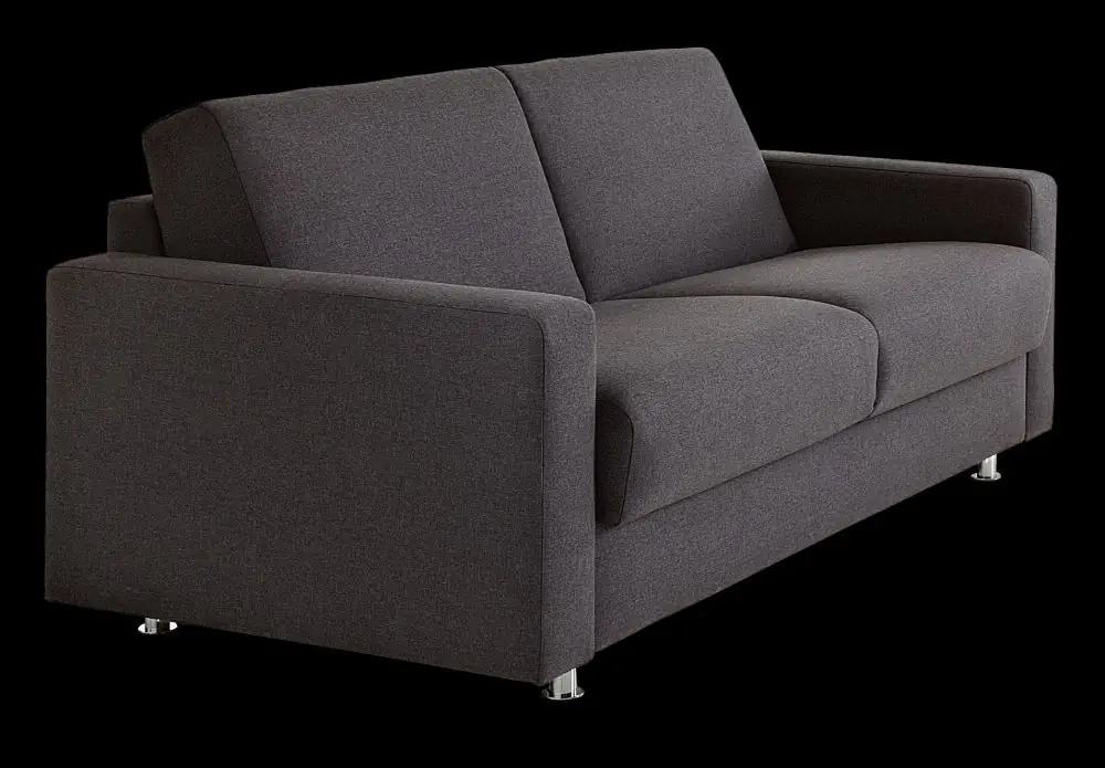 Schlafsofa Messida in dunkelgrauem Stoff mit klaren Linien und Metallfüßen.