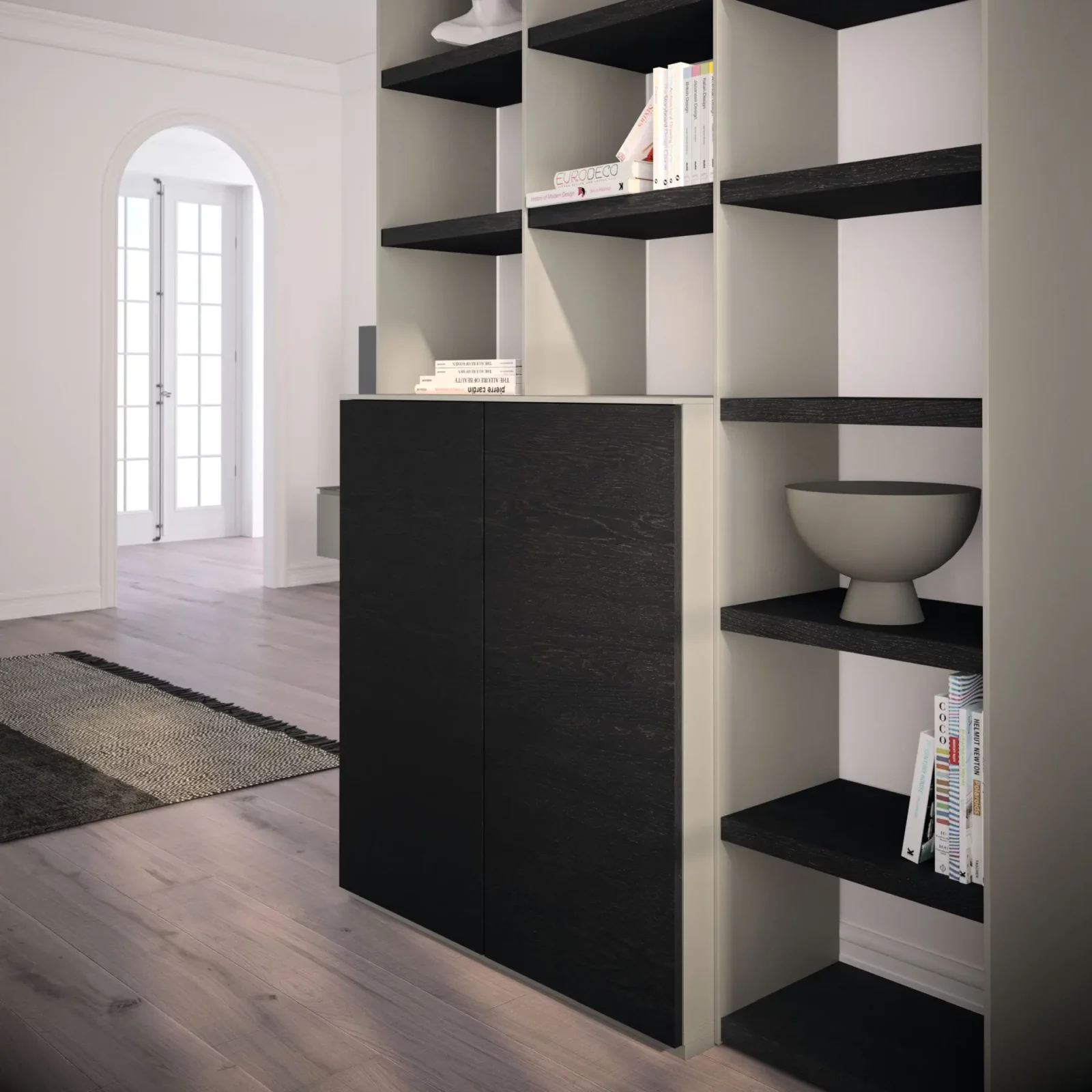 Schrankwand Scalo 008 mit schwarzen und grauen Regalfächern aus Holz.