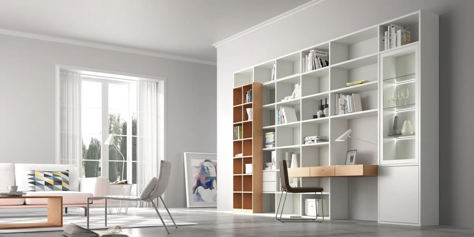 Regalwand Sinos 002 in Weiß mit integriertem Schreibtisch und Holzdetails.