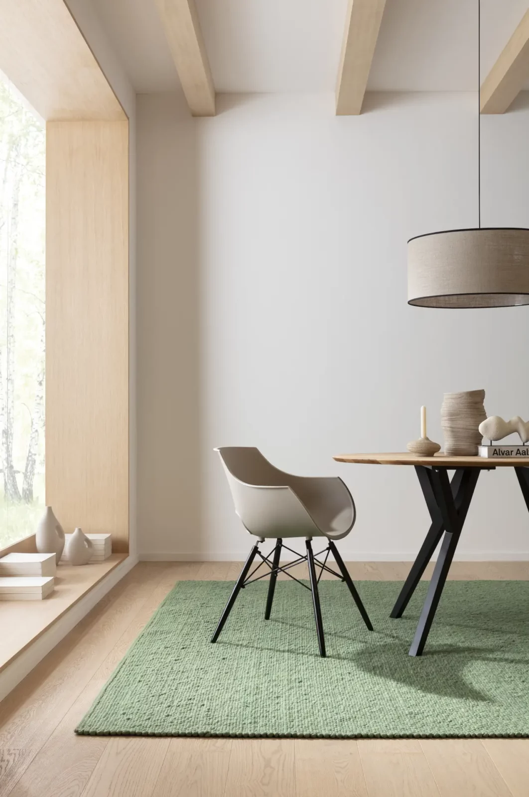 Moderner Stuhl mit weißer Sitzschale und schwarzen Beinen auf grünem Teppich.