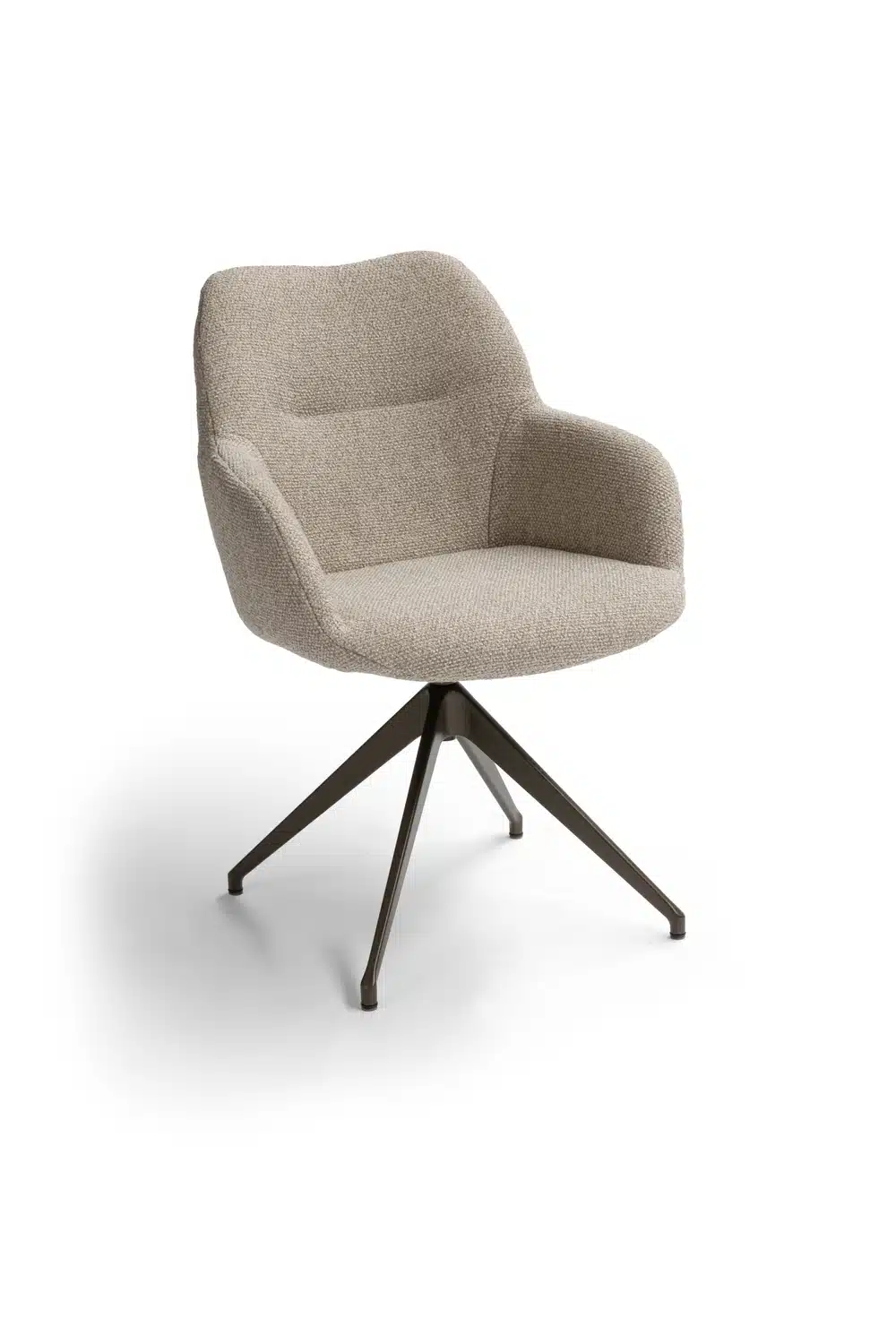 Kiq Arm 24 Deluxe Esszimmerstuhl, beige, mit gepolstertem Sitz und Metallgestell.
