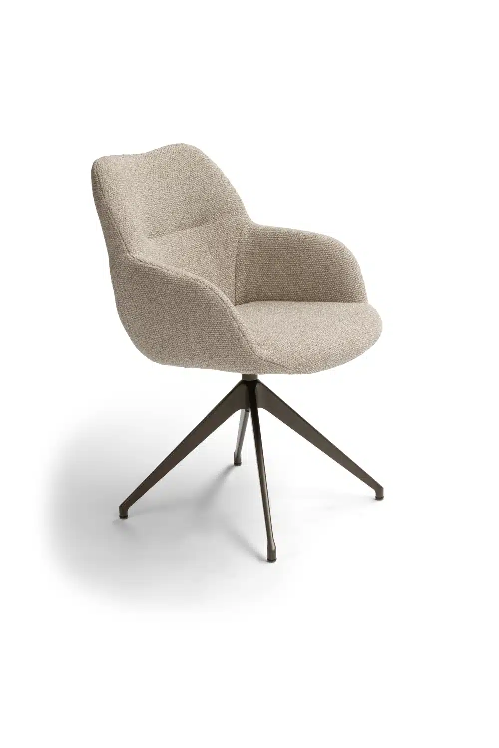 Kiq Arm 24 Deluxe Esszimmerstuhl, beige Stoff, schwarzes Metallgestell.