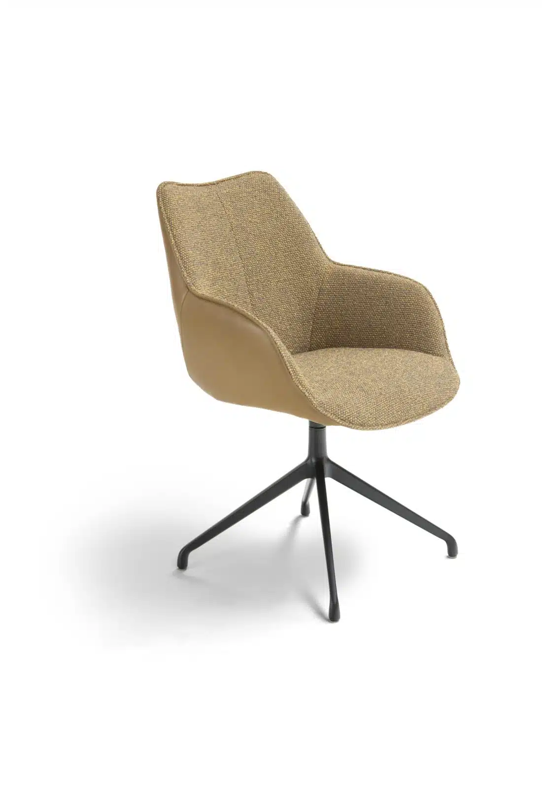 Kiq Esszimmerstuhl, drehbar, Leder und Stoff, gelb, schwarzes Metallgestell.