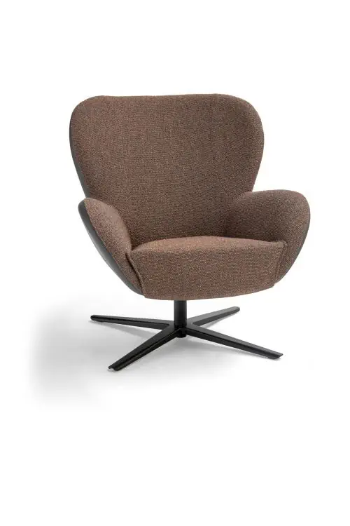 BreesNewWorld Drehfauteuil mit organischer Form, brauner Stoffbezug, schwarzes Metallgestell.