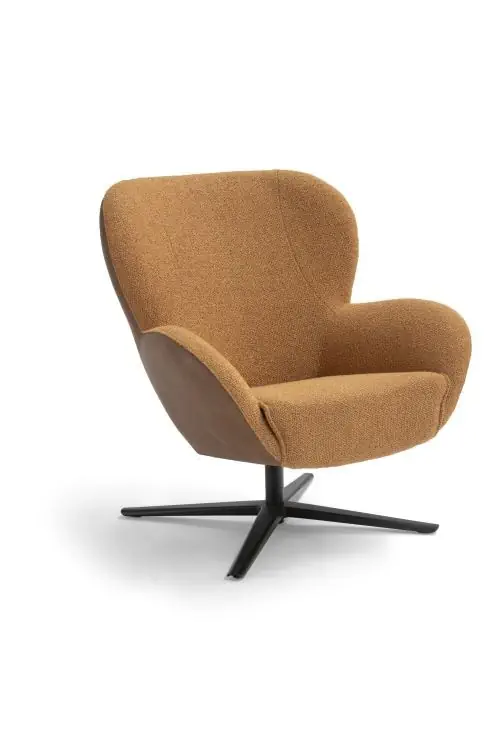 Breesnewworld Drehfauteuil, gelber Stoffbezug, schwarzer Metallfuß.