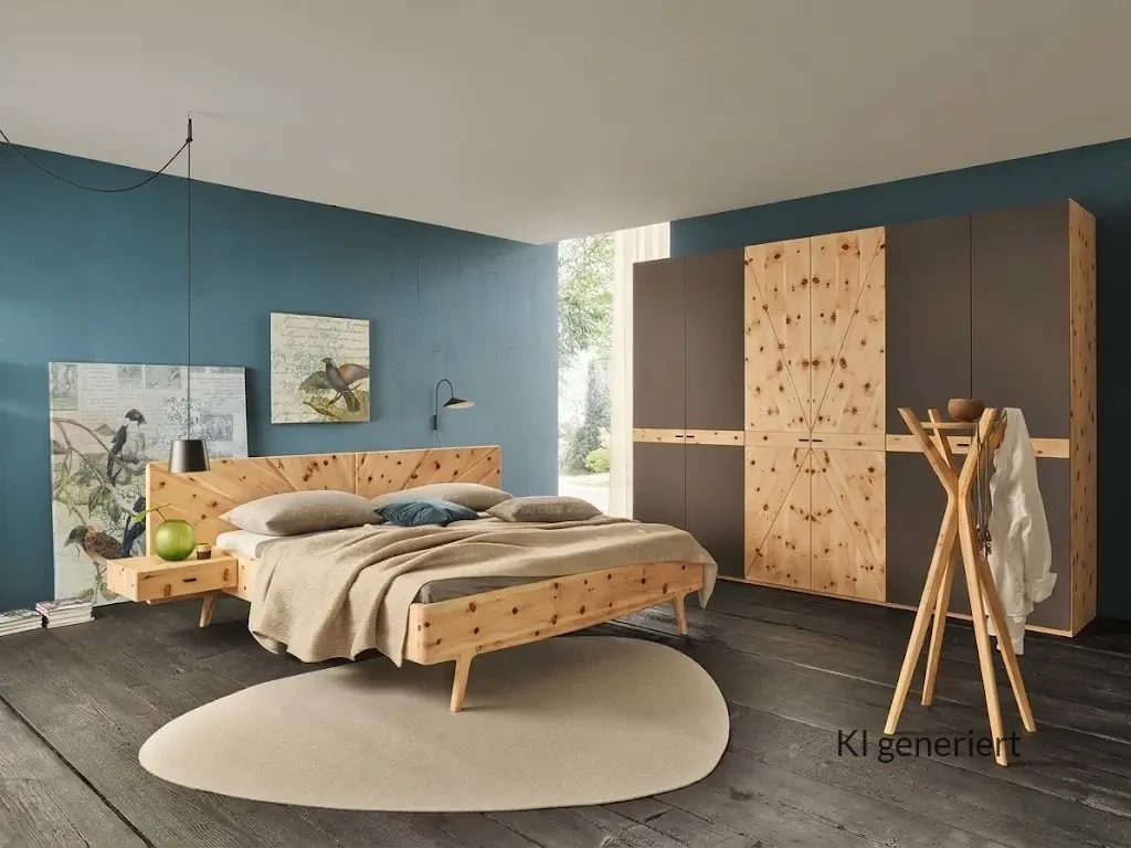 Anrei Bett Sol aus Zirbenholz mit natürlicher Maserung.