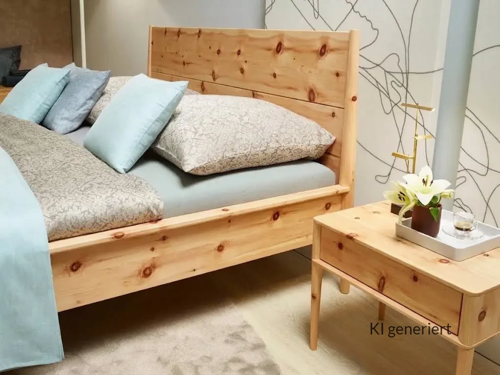 Anrei Juna Bett aus Zirbenholz mit hohem Kopfteil.