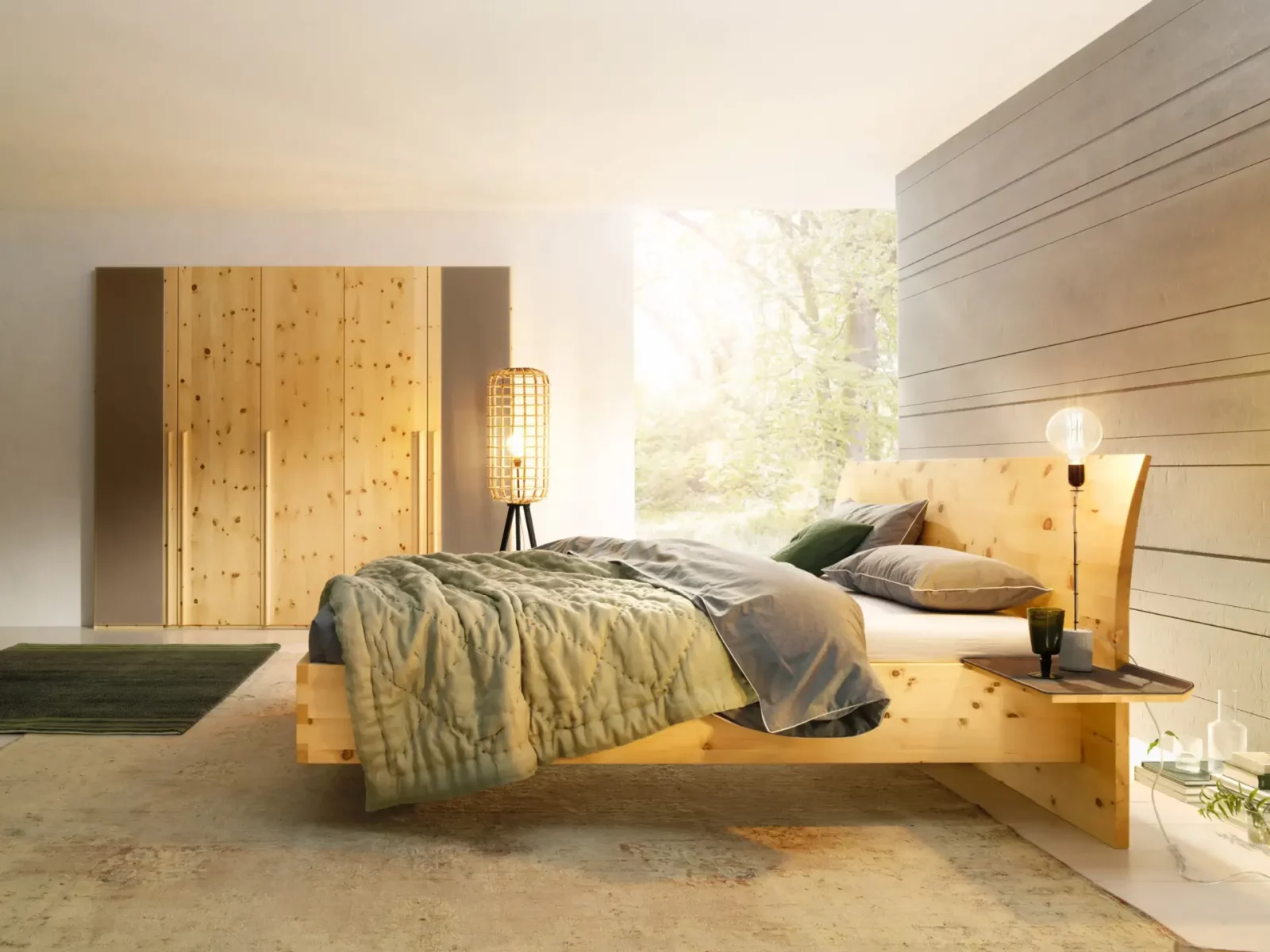 Anrei Paso Bett aus hellem Holz mit schwebendem Design und Kopfteil.