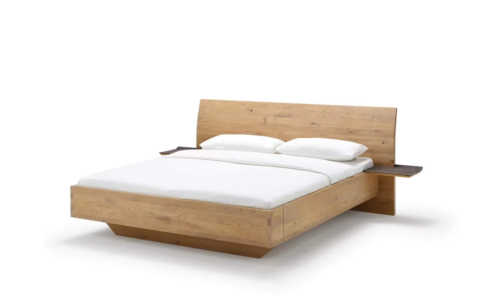 Anrei Paso Bett aus hellem Holz mit integriertem Nachttisch.
