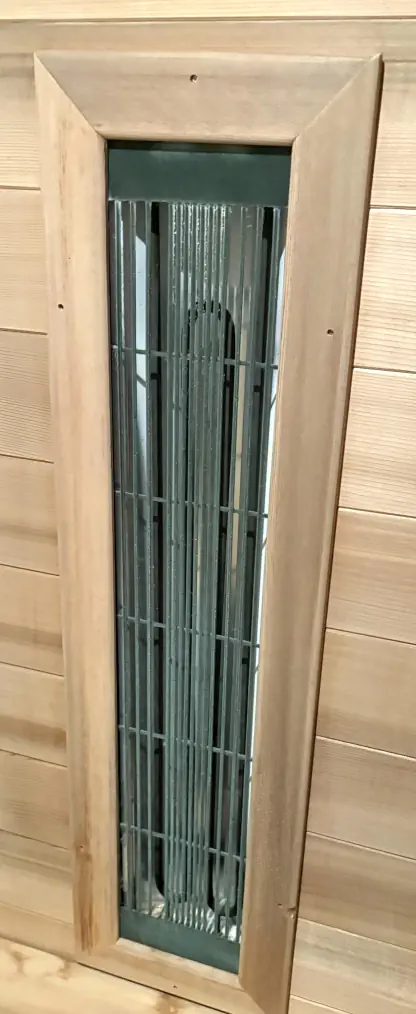 Grollmus Infrarotsauna G01 mit Holzverkleidung und vertikalem Heizelement.